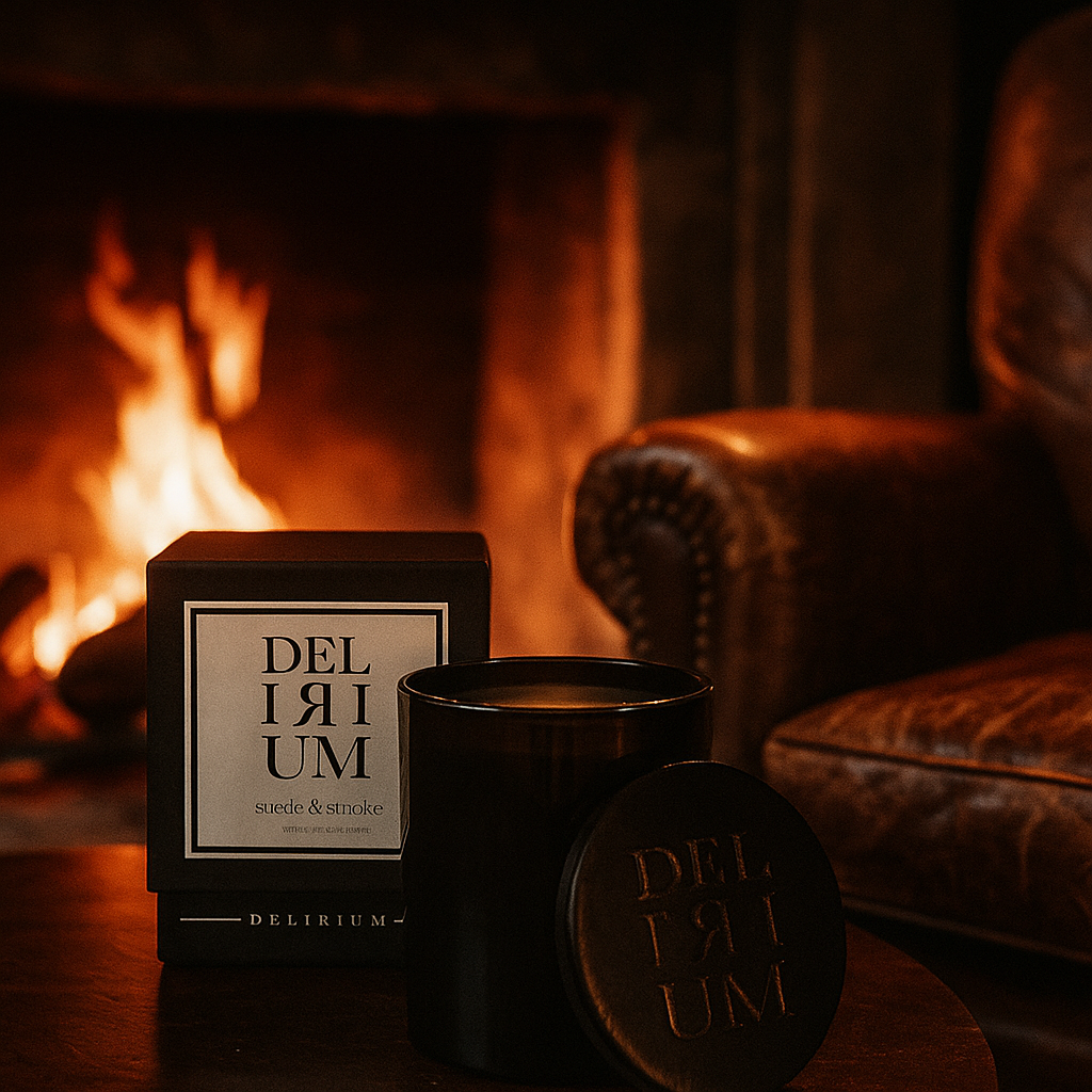 Delirium Suede & Smoke candle by a fireplace and leather armchair: a smoky leather candle scent