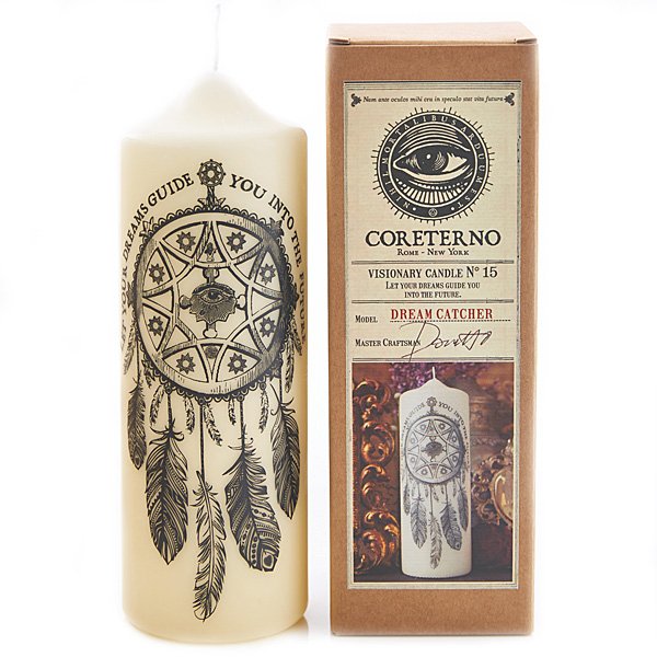 Coreterno Dream Catcher pillar candle with illustrated dreamcatcher artwork and craft box, catalog product shot