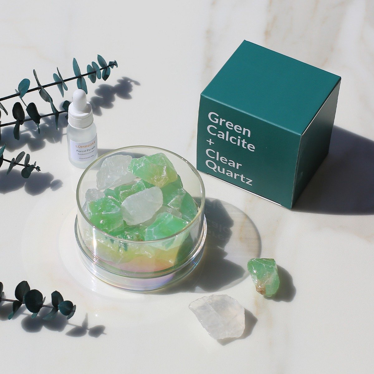 Luminose - Forest Parade Green Calcite & Clear Quartz Diffuser Set