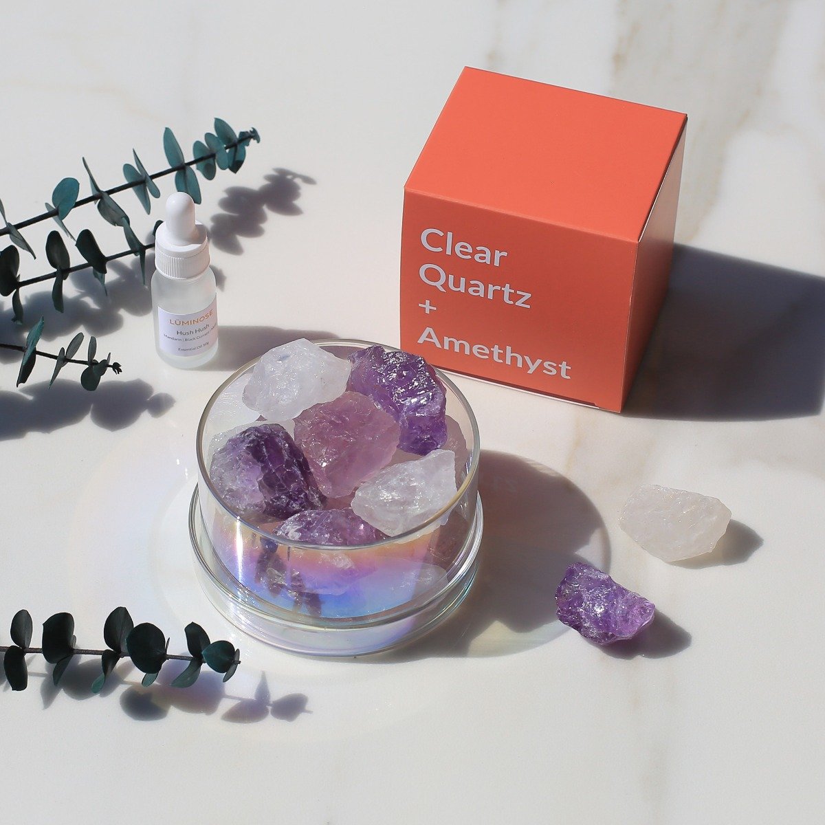 Luminose - Hush Hush Clear Quartz & Amethyst Diffuser Set