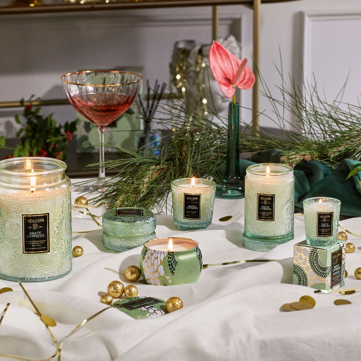 Voluspa - White Cypress Embossed Small Glass Candle