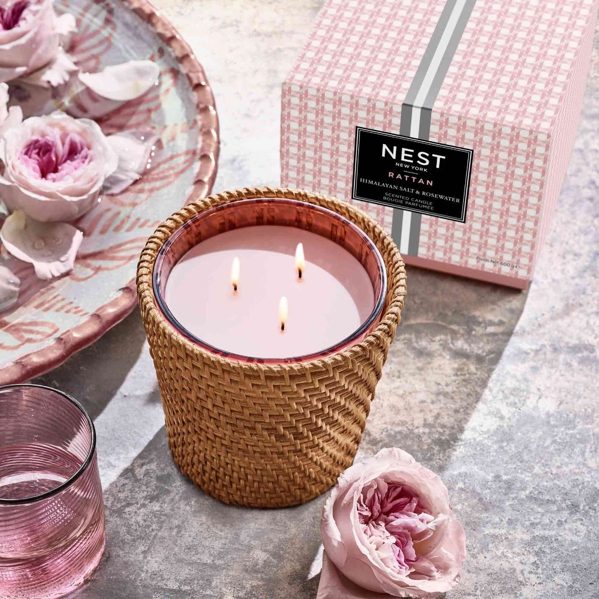 Nest - Himalayan Salt & Rosewater Rattan 3 Wick Candle