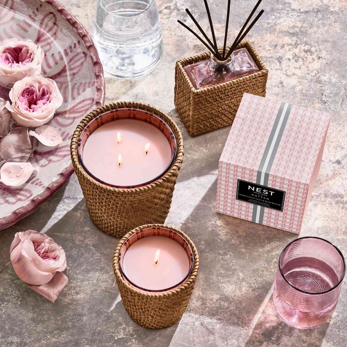 Nest - Himalayan Salt & Rosewater Rattan 3 Wick Candle