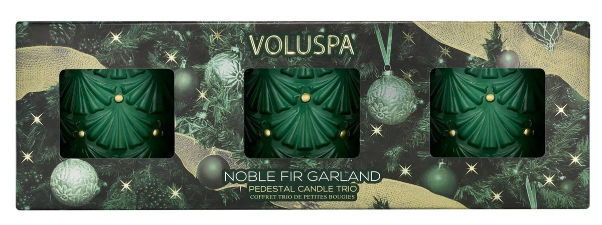 Voluspa - Noble Fir Garland Mini Pedestal Trio Gift Set | Candle Delirium