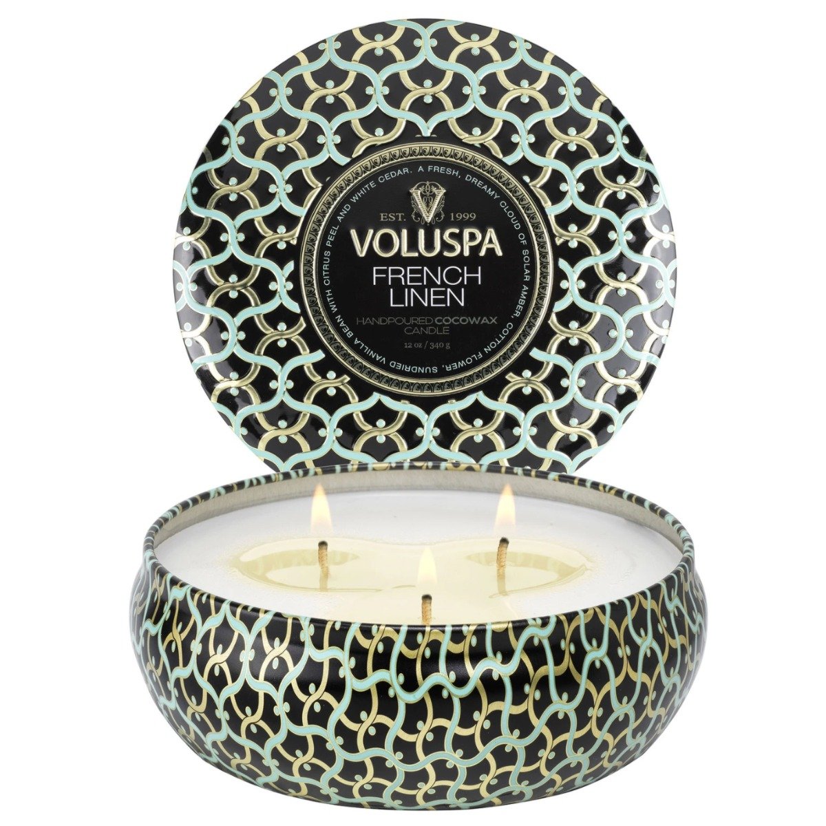 Voluspa - French Linen Scented 3 Wick Tin Candle | Candle Delirium ...