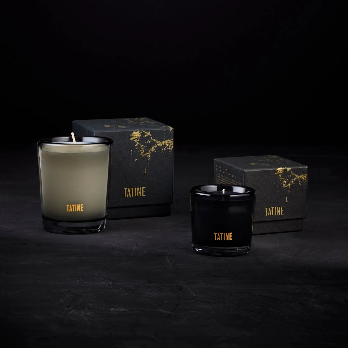 Tatine smoky glass Classic candle and black wax Petite lit with their gift boxes