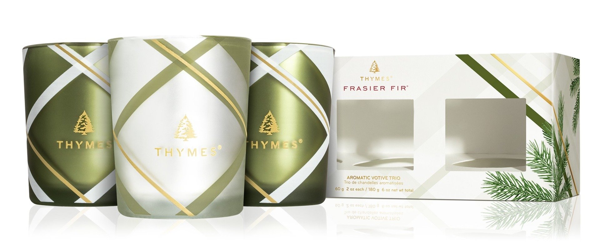 Thymes - Frasier Fir Frosted Plaid Votive Trio Candle Set