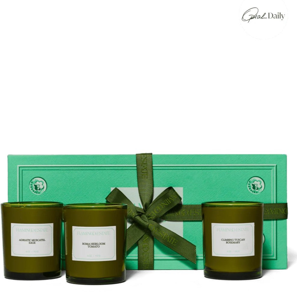 Flamingo Estate Mini Three Sisters candle gift set, embossed gift box with grosgrain bow, luxury candle gifts