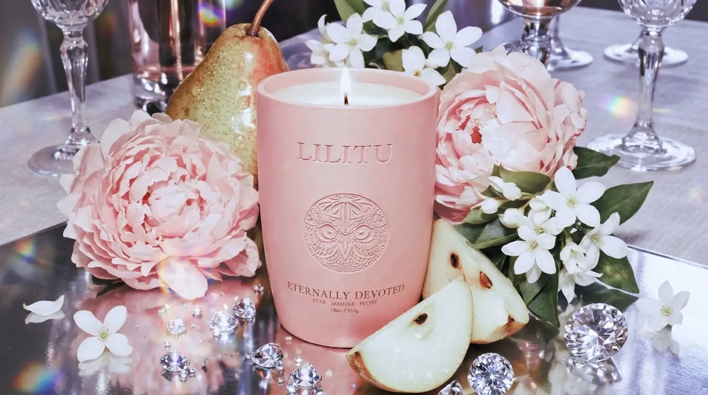 Lilitu Eternally Devoted ceramic candle styled with peonies, pears, and jasmine