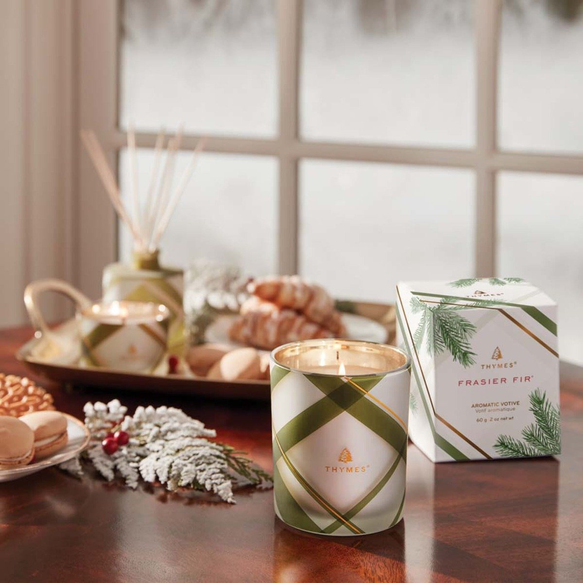 Thymes - Frasier Fir Frosted Plaid Votive Candle