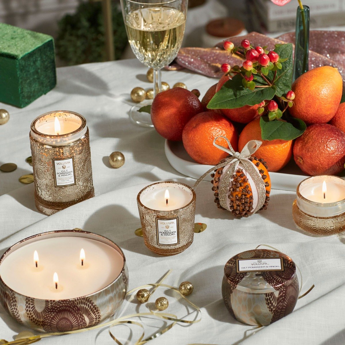 Voluspa - Gilt Pomander & Hinoki 3 Wick Tin Candle