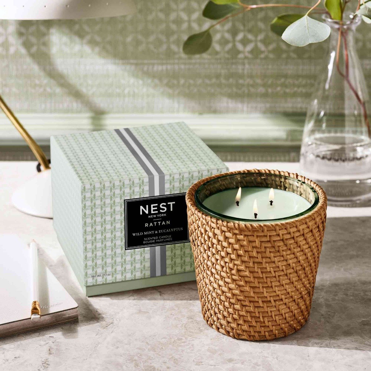 Nest - Wild Mint & Eucalyptus Rattan 3 Wick Candle