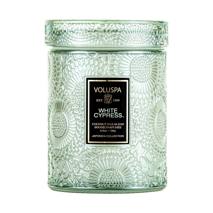 Voluspa - White Cypress Embossed Small Glass Candle